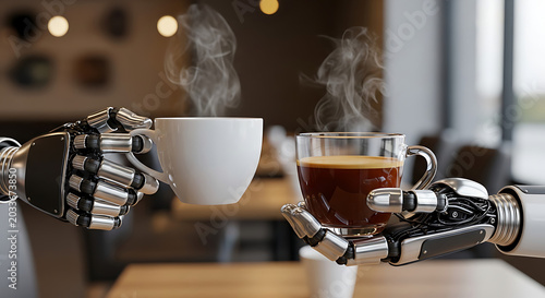 Robot hands holding hot coffee cups in a cafe