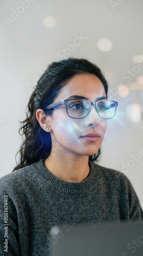 Young Female Professional with Blue Reflection on Glasses