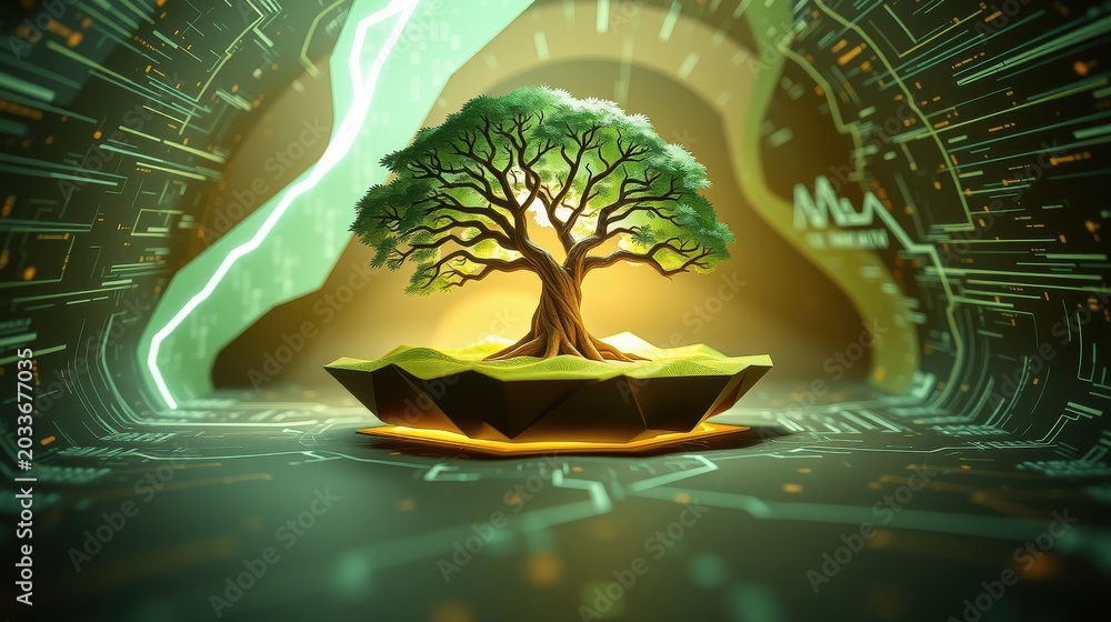 Obraz premium Futuristic scene depicts tree growing from polygonal platform. Bright lines create tunnel effect, glowing green hues dominate composition.