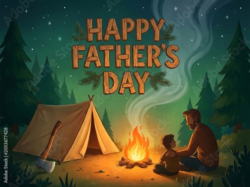 Happy Father's Day illustration featuring a father and child camping by a campfire in a forest at night with a starry sky background