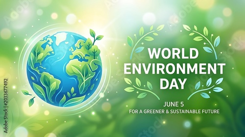 World Environment Day concept with a stylized globe and leaf elements on a soft green bokeh background for ecological awareness and sustainability...