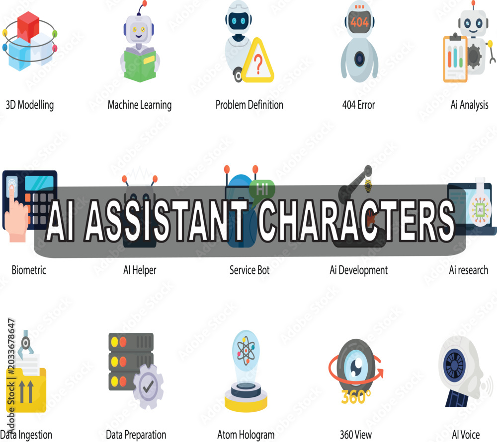 Fototapeta premium A collection of AI assistant characters, featuring distinct appearances and expressions, symbolizing various technological roles.