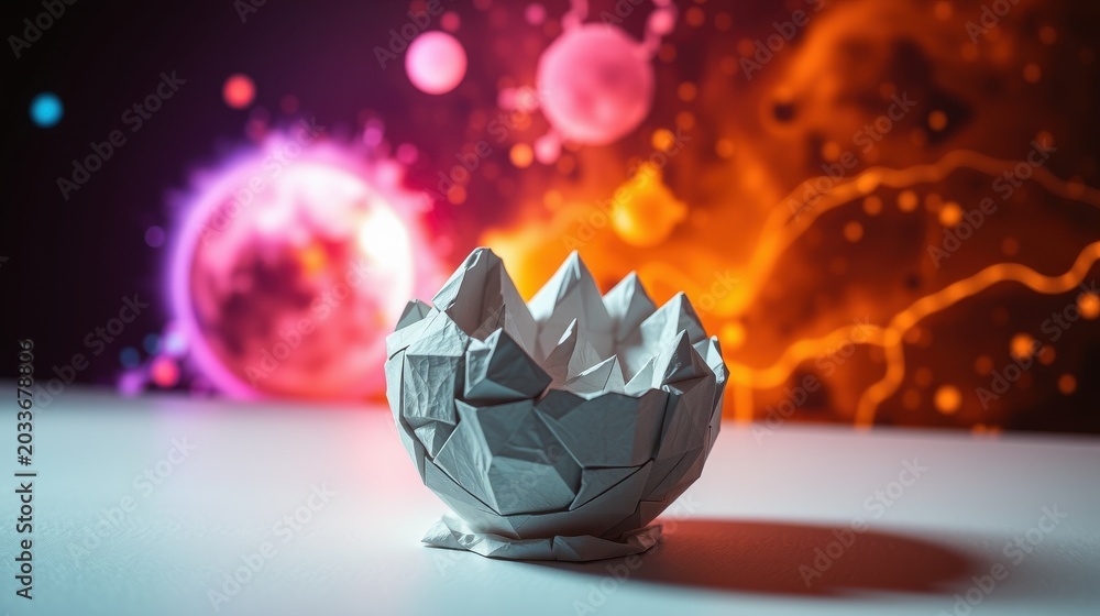 Obraz premium Origami sculpture sits before vibrant cosmic background. Light, shadow create dramatic effect. Modern art piece, minimalist design.