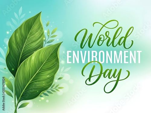 World Environment Day typography with lush green leaves on a soft light blue background, eco-friendly concept design for nature conservation awaren...