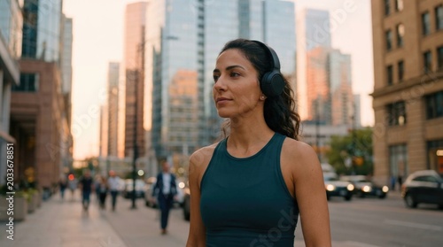 Confident Young Woman Walking Through Downtown City