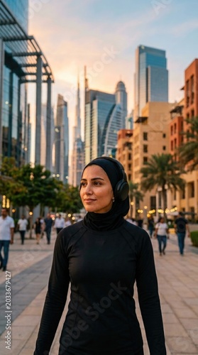 Stylish Woman in Black Hijab Standing in Urban Street