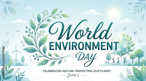 World Environment Day celebration banner with green leaves and nature landscape elements in a soft artistic style for ecological awareness and glob...