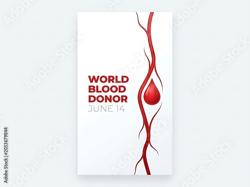 World Blood Donor Day banner with a red blood drop and vein illustration on a white background, minimalist medical awareness concept design