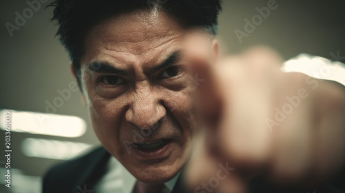 Angry boss Asian man pointing finger office stress workplace conflict angry face shouting close up portrait business suit intimidation corporate