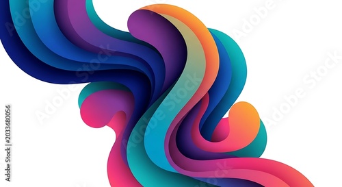 Vibrant, flowing abstract forms twist in bold, layered hues