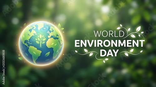 World Environment Day concept with a glowing earth globe and green leaves in a blurred forest background, representing nature conservation and sust...