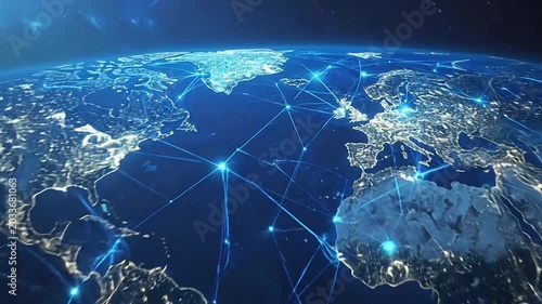 Digital network connections glowing over a dark planet surface