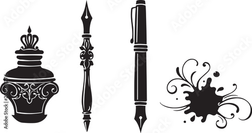 Schilderij op canvas Vintage fountain pen and inkwell vector set, antique calligraphy writing tools,