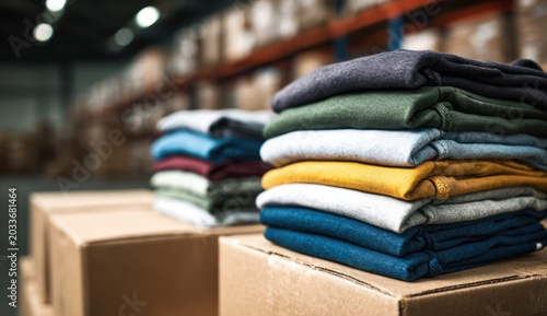 Stack of neatly folded t-shirts in various colors and sizes with smooth cotton texture, casual style, and vibrant hues arranged on a cardboard box