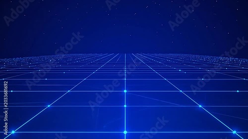 A glowing blue digital grid stretches into the dark horizon