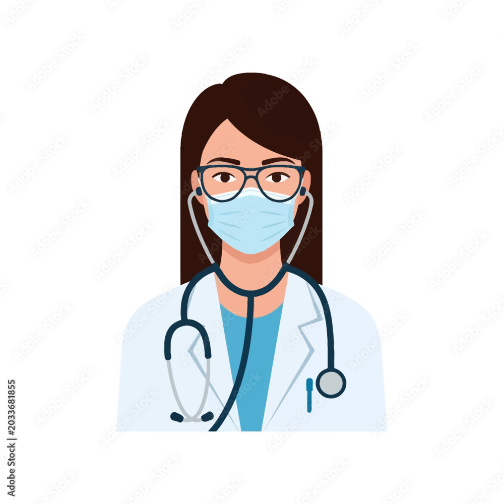 Fototapeta premium Minimalist flat vector illustration of a professional female doctor wearing a white medical lab coat, surgical face mask, eyeglasses, and stethoscope around her neck, isolated.
