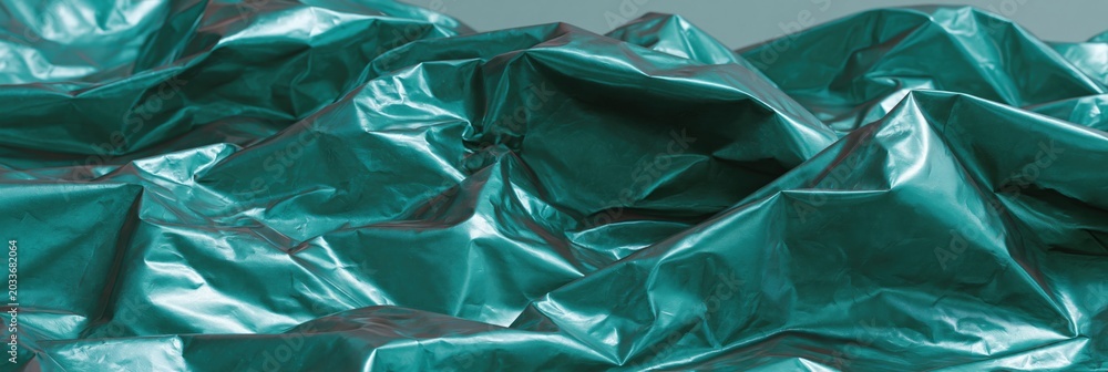Obraz premium Crinkled teal metallic foil texture background for banners and packaging design with reflective surfaces and dramatic lighting for modern layouts