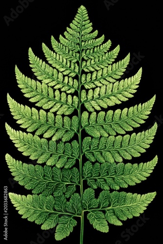 Botanical fern frond leaf with detailed pinnate structure isolated on black background