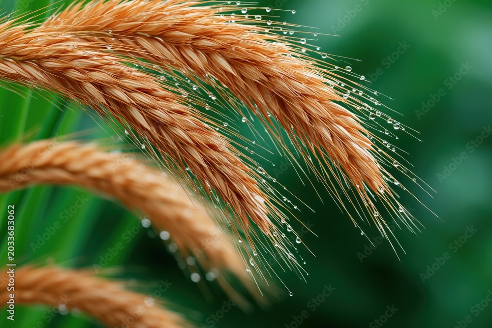 Obraz premium Close-up of dew on golden grass heads with water droplets for botanical macro nature background and design
