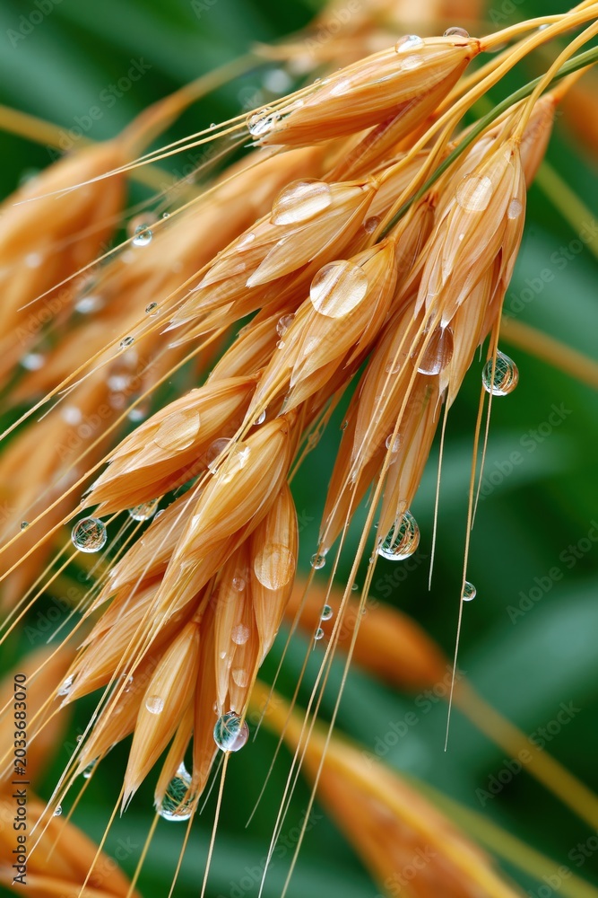 Obraz premium Macro closeup of golden wheat spikes with water droplets and crystal beads for natural background and agricultural detail design
