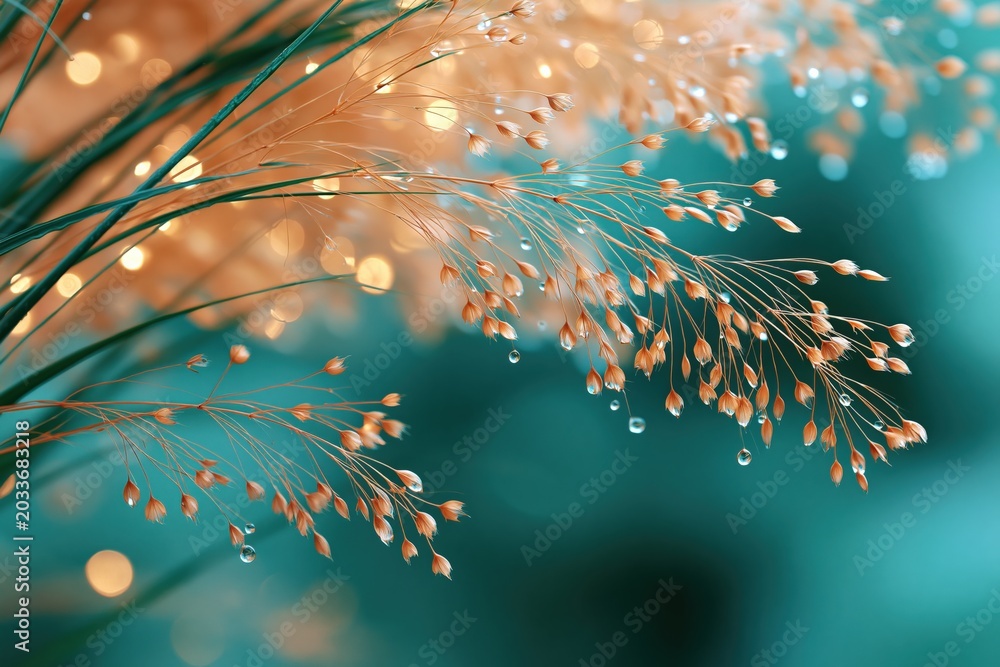 Fototapeta premium Golden seed heads with dewdrops and teal bokeh background for botanical wallpaper and closeup nature design with warm glow