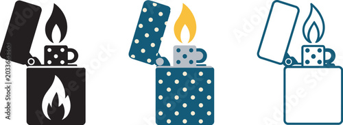 Foto gasoline lighter icon set, flame ignition spark symbols, fuel and fire starting