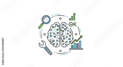 Illustration of a brain with connections, a wrench, a magnifying glass, and a graph showing growth ai generated