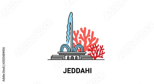 Illustrated Jeddah Fountain with Colorful Coral Elements.