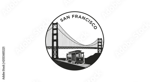 Iconic San Francisco Golden Gate Bridge and Cable Car Illustration.