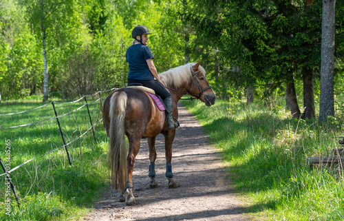 Woman horseback riding in forest 