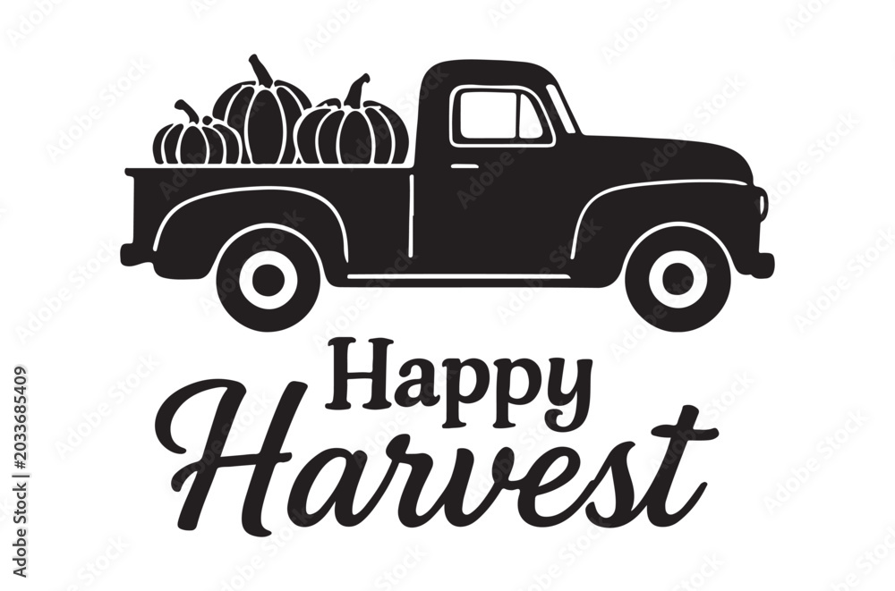 Obraz premium Vintage pickup truck with pumpkins black silhouette with harvest text