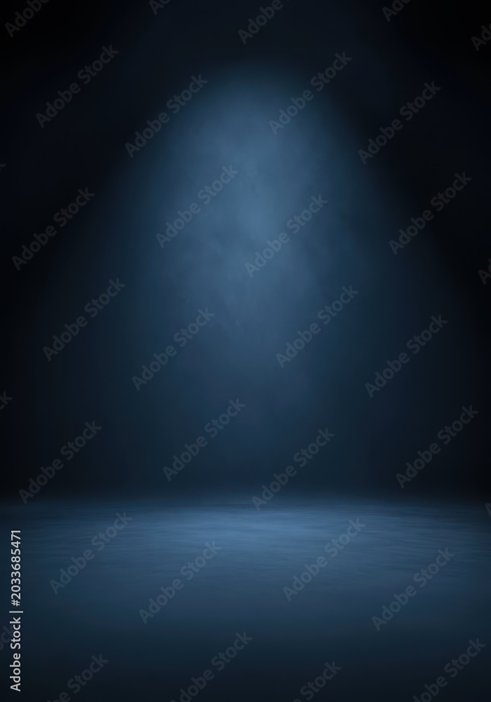 Obraz premium Dramatic Blue Spotlight in Dark Empty Studio Background with Smoke and Fog for Product Presentation