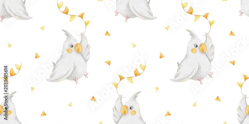 Bild auf Leinwand Cute corella cockatiel parrot, bunting garland and confetti watercolor seamless pattern