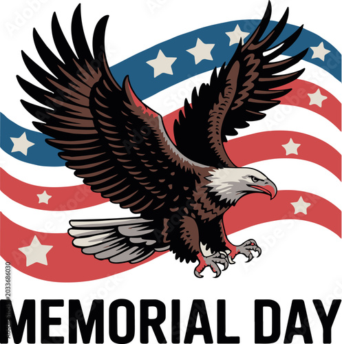 Modern Memorial Day Vector Poster with Bald Eagle and American Flag