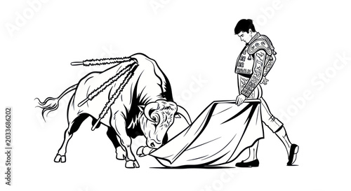 Cuadro en lienzo Matador and Bullfight Illustration - Spanish Culture and Tradition