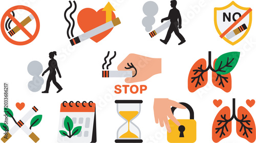 Fotografie set of smoking danger icons and quitting benefits symbols, healthy lifestyle awa