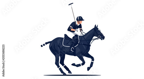 Polo Player Riding Horse with Mallet, Sport Illustration