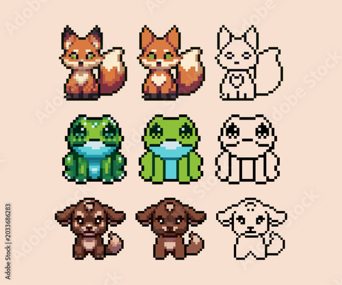 Bild auf Leinwand A 2D pixel art asset bundle featuring a collection of cute animal characters, including a green-eyed fox, a big-eyed green frog, and a brown puppy dog with floppy ears