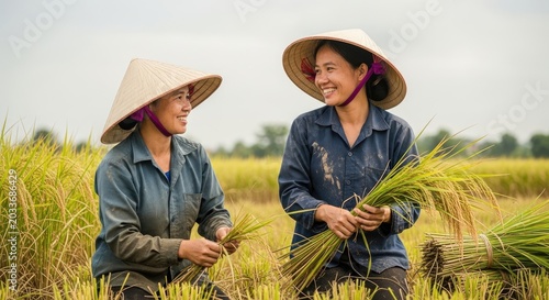Two women wearing conical hats are harvesting rice in a paddy field under a cloudy sky.