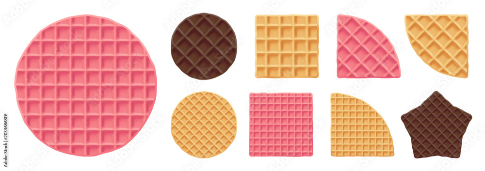 Obraz premium Round chocolate waffle cracker pancakes, pink square waffle. Brunch pattern with chocolate stroopwafel creamy biscuit, circle or star shape vector. Dutch coffles texture of realistic 3d graham cookies