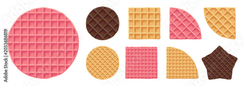 Round chocolate waffle cracker pancakes, pink square waffle. Brunch pattern with chocolate stroopwafel creamy biscuit, circle or star shape vector. Dutch coffles texture of realistic 3d graham cookies