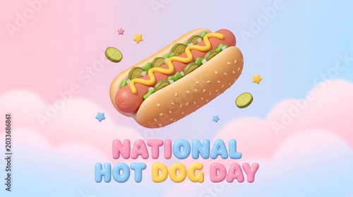 Celebratory hot dog with condiments floating in the air on national hot dog day with colorful background