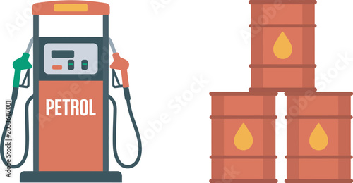 Fotografía vector illustration of gas station with gasoline pump and oil barrel, automotive