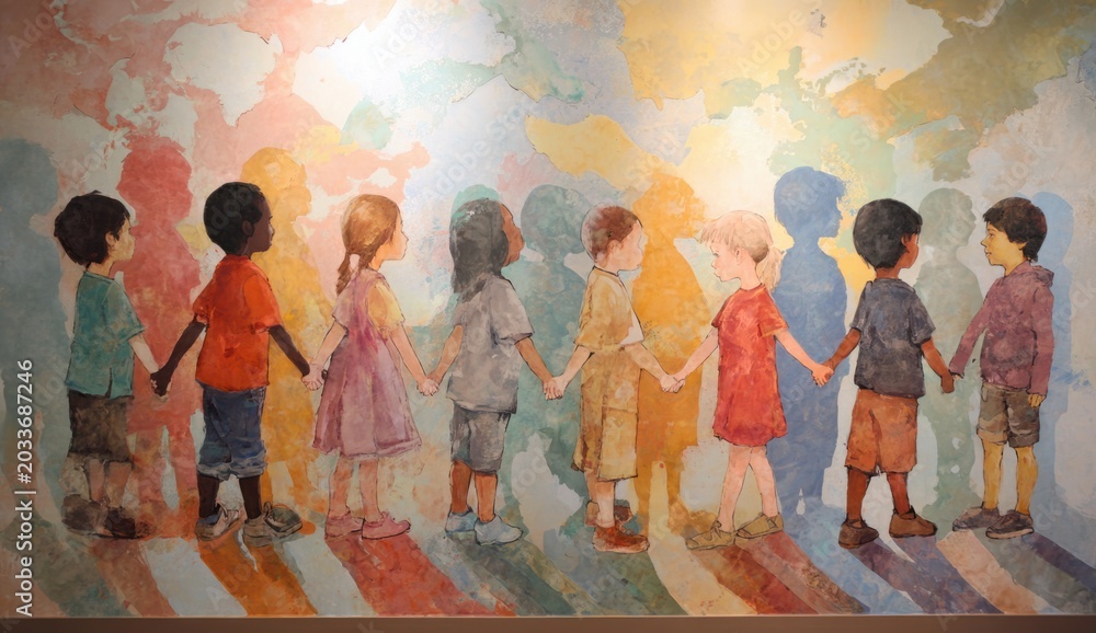 Obraz premium Vibrant mural depicting diverse children holding hands in bright colors and playful style