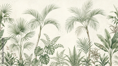 Fotografija Vintage tropical wallpaper border with palm trees and ferns, botanical jungle mu