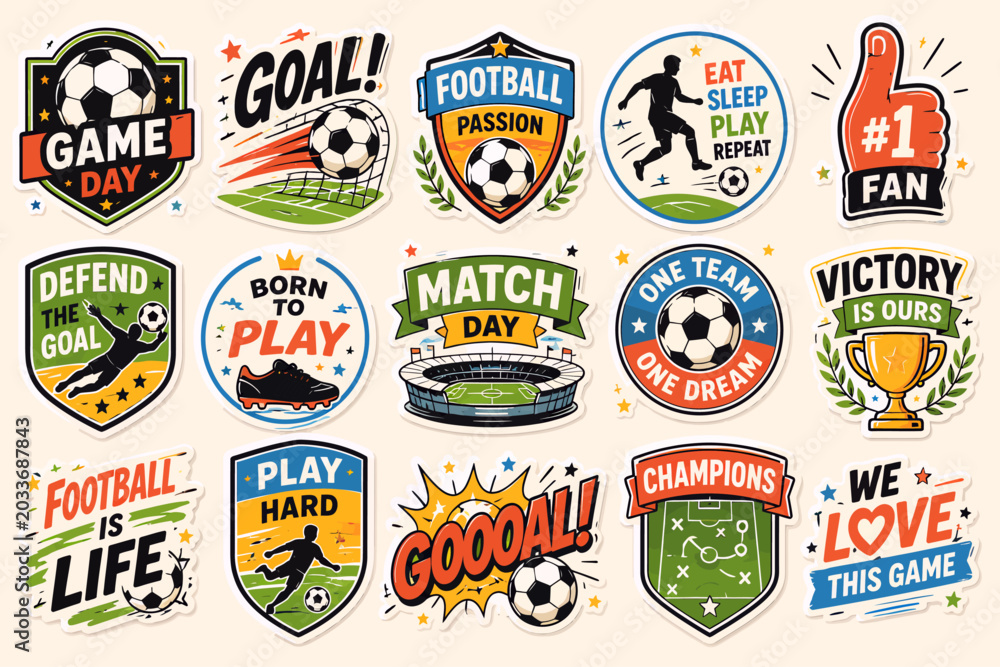 Naklejka premium Collection of soccer and football related emblems, badges, and stickers for sports enthusiasts and event promotions