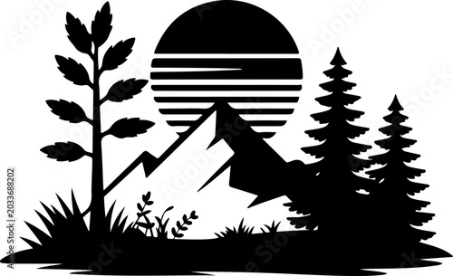 Sunset Mountain Forest Silhouette Vector