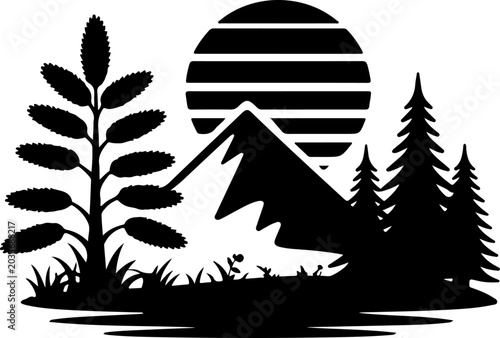 Sunset Mountain Forest Silhouette Vector