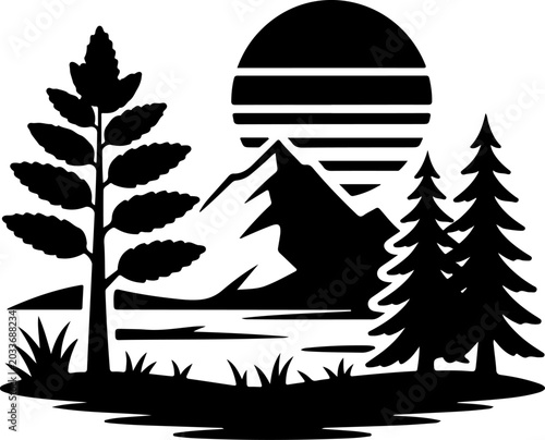 Sunset Mountain Forest Silhouette Vector