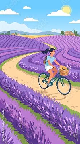 Cyclist rides through lavender field under bright sky peaceful countryside journey